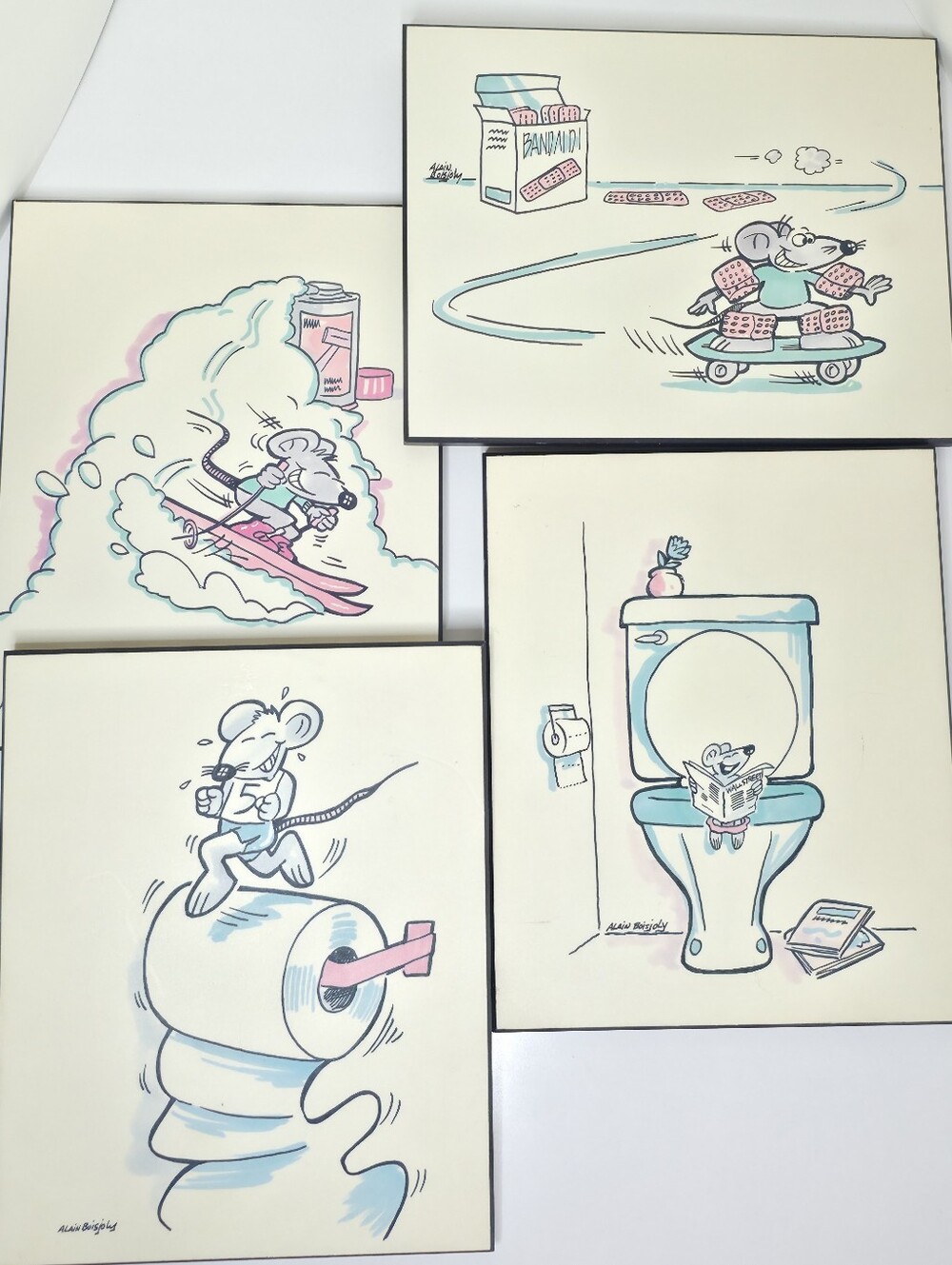 VTG 80s Alain Boisjoly Mouse Wood Plaques Set of 4 Collectible Bathroom Art 8x10